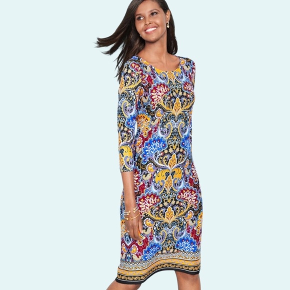TALBOTS Paisley Print 3/4 Sleeve Jersey Knit Sheath Dress Popover Style Sz LP - Picture 11 of 12